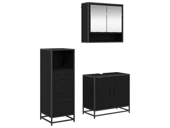HGPOTUY Badmöbel-Set 3 pcs Schwarz Eichen-Optik Holzwerkstoff Spiegelschrank, Waschbeckenunterschrank, Hoher Stauraumschrank, Feuchtigkeitsbeständig, Wandmontiert