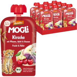 MOGLi Fruchtpüree Kirsche Quetschie, 94% Frucht demeter, BIO, Kirsche, Pflaume, Apfel, Banane & Hafer, je 100 g, 10 Stück