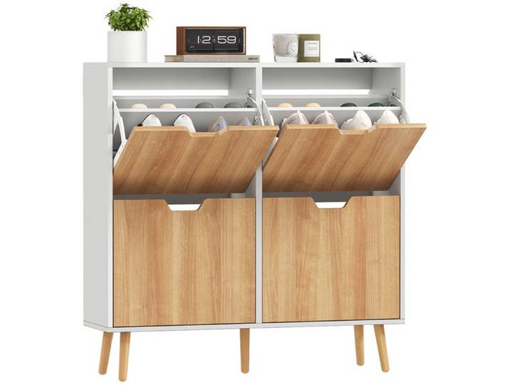 Meuble à chaussures - HOMCOM - étagère réglable pieds en bois - Bois - 95x26x95cm - Bois naturel et blanc