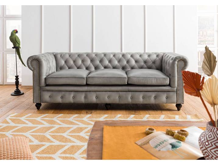 Canapé 3 places en cuir véritable gris CHESTERFIELD #203