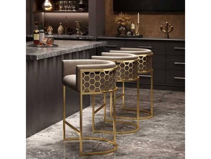 LEBENSwohnART Edler Barhocker Leganza beige Samt Gold Edelstahl mit Armlehne und Fussablage