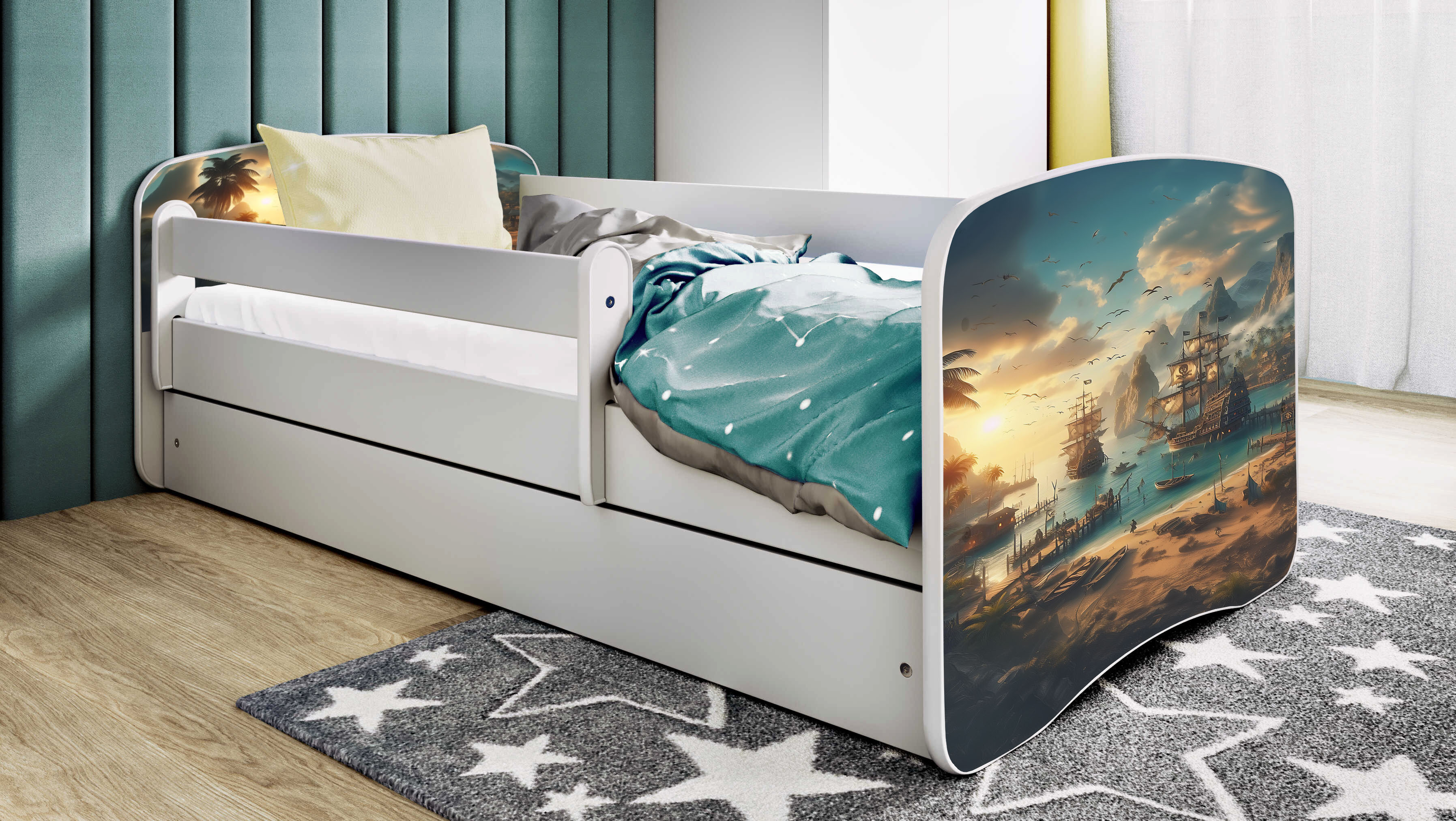 Kinderbett Jugendbett Schiff 70x140, 80x160, 80x180 cm - Komplettset mit Schublade & Rausfallschutz