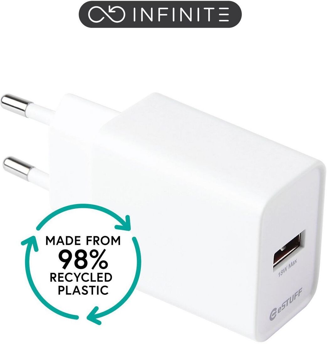 eSTUFF INFINITE (GRS) 18W USB-A Wall Charger, Quick Charge 3.0, EU Plug, 98% Recycled Plastic - White - Bulk Packaging