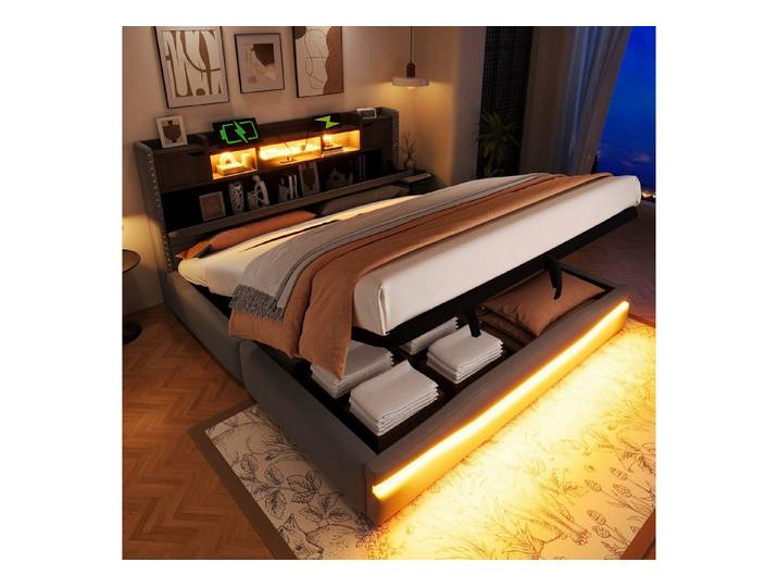 REDOM Polsterbett mit hydraulischem Stauraum, LED-Beleuchtung & Fernbedienung (Kinderbett, Stauraumbett mit Kopfteil, Nachtisch-Speicher und innovativem Design, 180x200 cm), ohne Matratze