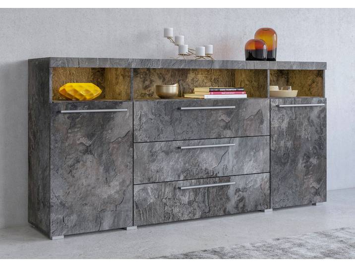 Sideboard GOODPRODUCT India,Breite 182cm moderne Anrichte 2Türen,3 Schubladen, Kombikommode , schwarz (schiefer, schiefer), B:182cm H:92cm T:38,5cm, Sideboards, Sideboard, Kommode viel Stauraum, Einlegeböden verstellbar,ohne Beleuchtung