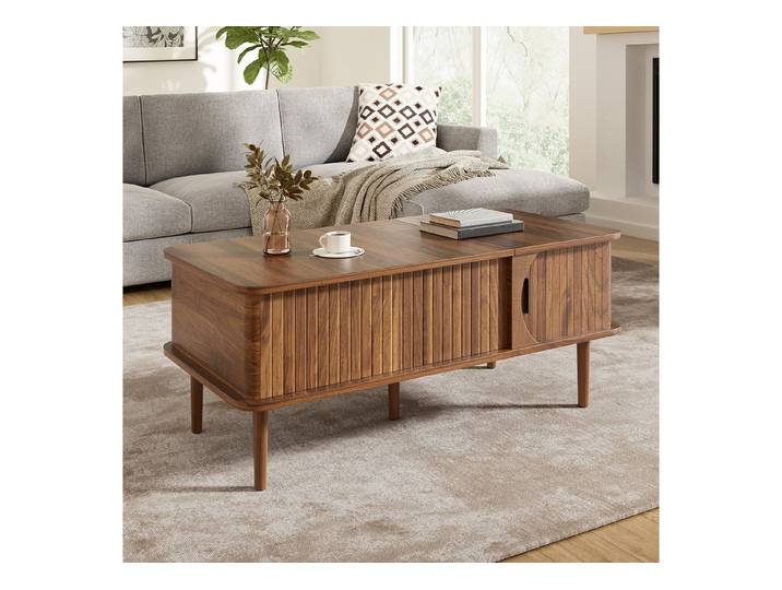 MODFU Couchtisch Modern Retro, Walnuss-Optik, vertikale Rillen 100x55,5x48 cm (Packung, 1-St., Höhenverstellbare Tischplatte & verschiebbare Tür), Holzbeine, multifunktionaler Wohnzimmertisch