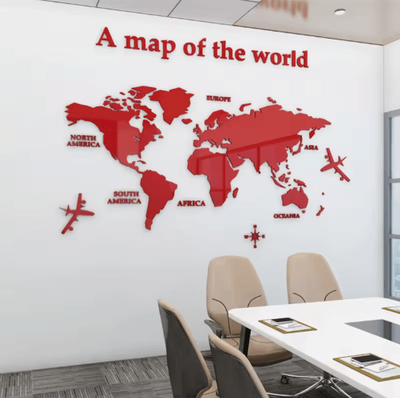 Inspire Picks 3D Acrylic World Map Wall Sticker Modern Crystal Wall Decor For Home & Office red xl 230cmx120cm