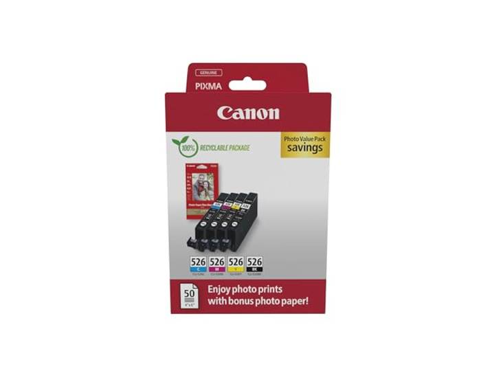 Canon CLI-526 Genuine Ink Cartridges\, Pack of 4 (Black\, Cyan\, Magenta\, Yellow); Includes 50 Sheets of 4x6 Photo Paper - Cardboard Multipack