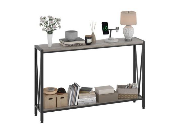 Console étroite moderne - LUNSY - 120x25x76 cm - Gris - Deux niveaux de rangement - MDF haute densité - Cadre en acier