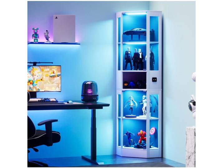 Vitrine en verre 5 étagères IVMEU LED tricolore capteur de mouvement portes vitrées blanc 57x40x165 cm