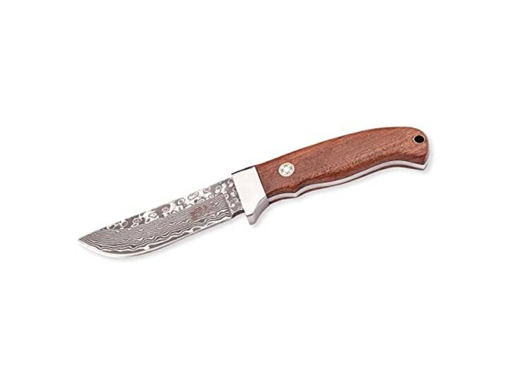 Herbertz Selektion Gürtelmesser, 69-lagiger Damast, AISI 440 Stahl, rostfrei, Cocobolo Holzgriff, braune Lederscheide, robustes Outdoor-Messer & Jagdmesser, Survivalmesser mit feststehender Klinge