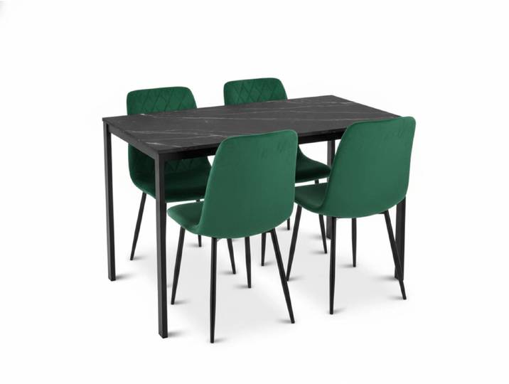 Essgruppe 1 + 4, schwarzer Tisch RAMOD 100x60 cm mit Marmor-Dekor + grüner Stuhl TURIN mit schwarzen Beinen