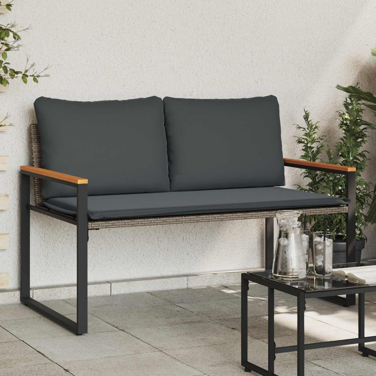 Gartenbank aus Rattan, grau - mit langsam schäumenden Kissen - 115x65x72 cm