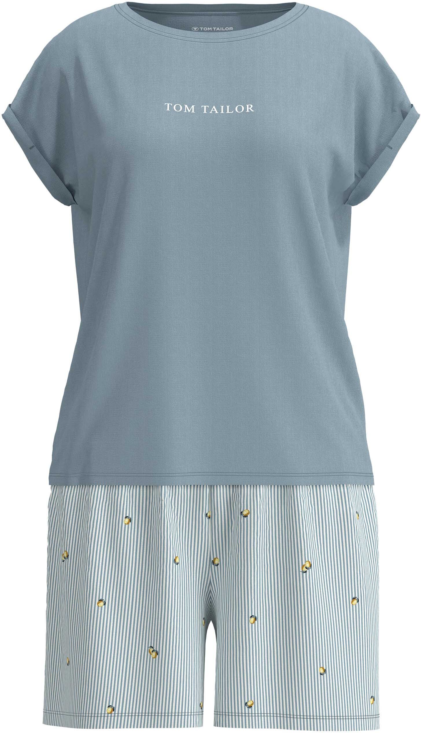 Shorty TOM TAILOR, Damen, Gr. 40, blau (blau, mittel, streifen), Single Jersey, Obermaterial: 95% Baumwolle, 5% Elasthan, bequem kurz, Rundhals, gerader Abschluss, Homewear-Sets Shorty, atmungsaktiv, Viskosemix blau, mittel, streifen 40