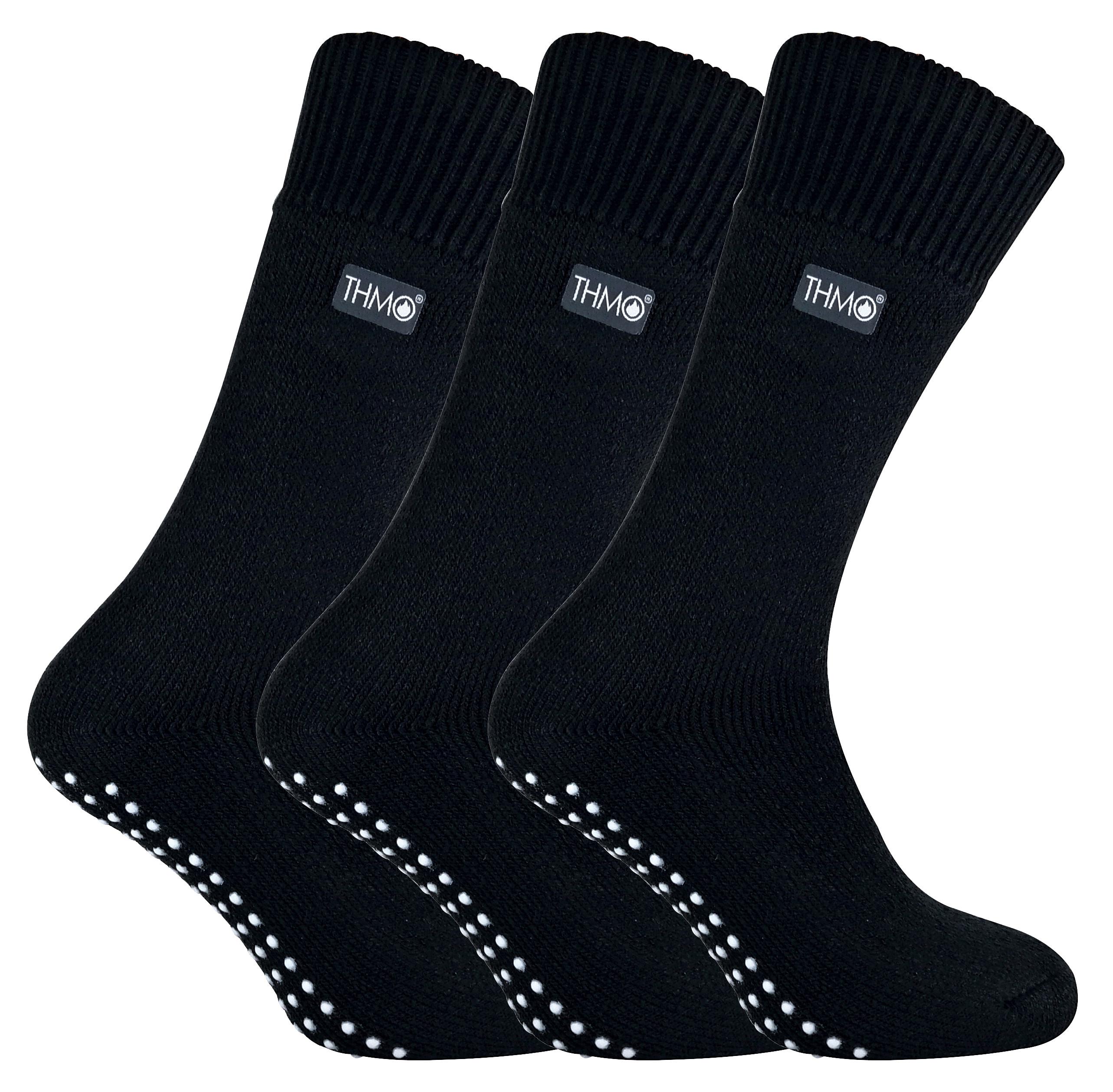 THMO - 3 Paar Herren Fleece-gefütterte Hausschuhsocken mit Greifern - Schwarz