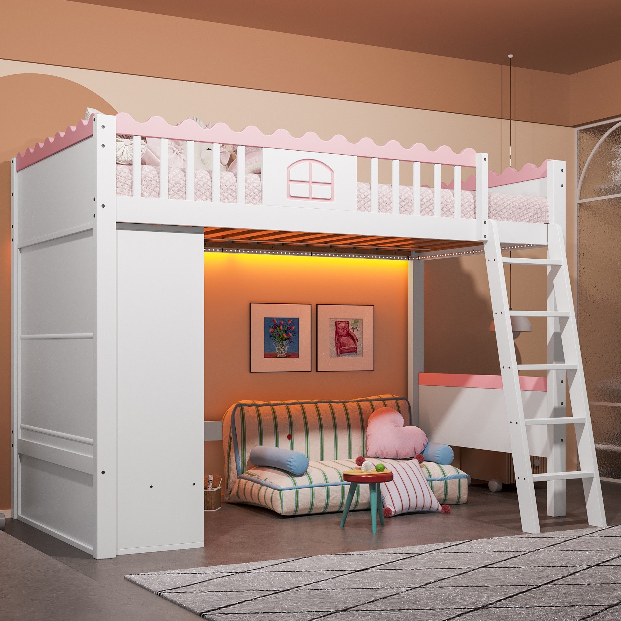 Odikalo Hochbett Jugendbett Kinderbett,Einzelbett mit Kleiderschrank Schublade 90x200cm Weiss