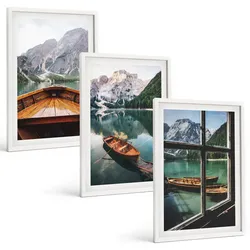 BILDER SET 3er Set - 40x60 cm Weißer Rahmen - Fenster für Boote auf dem Bergsee