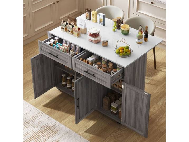 Îlot de cuisine avec plateau rabattable - Luonians - 129x46(71)x91 5 cm desserte de cuisine avec 2 tiroirs 3 portes - Gris