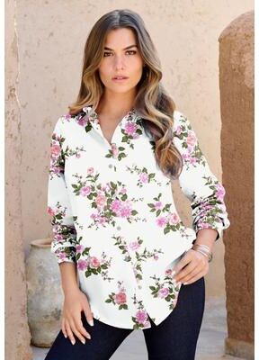 Plus Size Women's Plus Size Kate Long Sleeve Easy Cotton-Blend Button-Front Shirt by Roaman's in White Mixed Flowers (Size 42 W) Button Down Shirt Bl