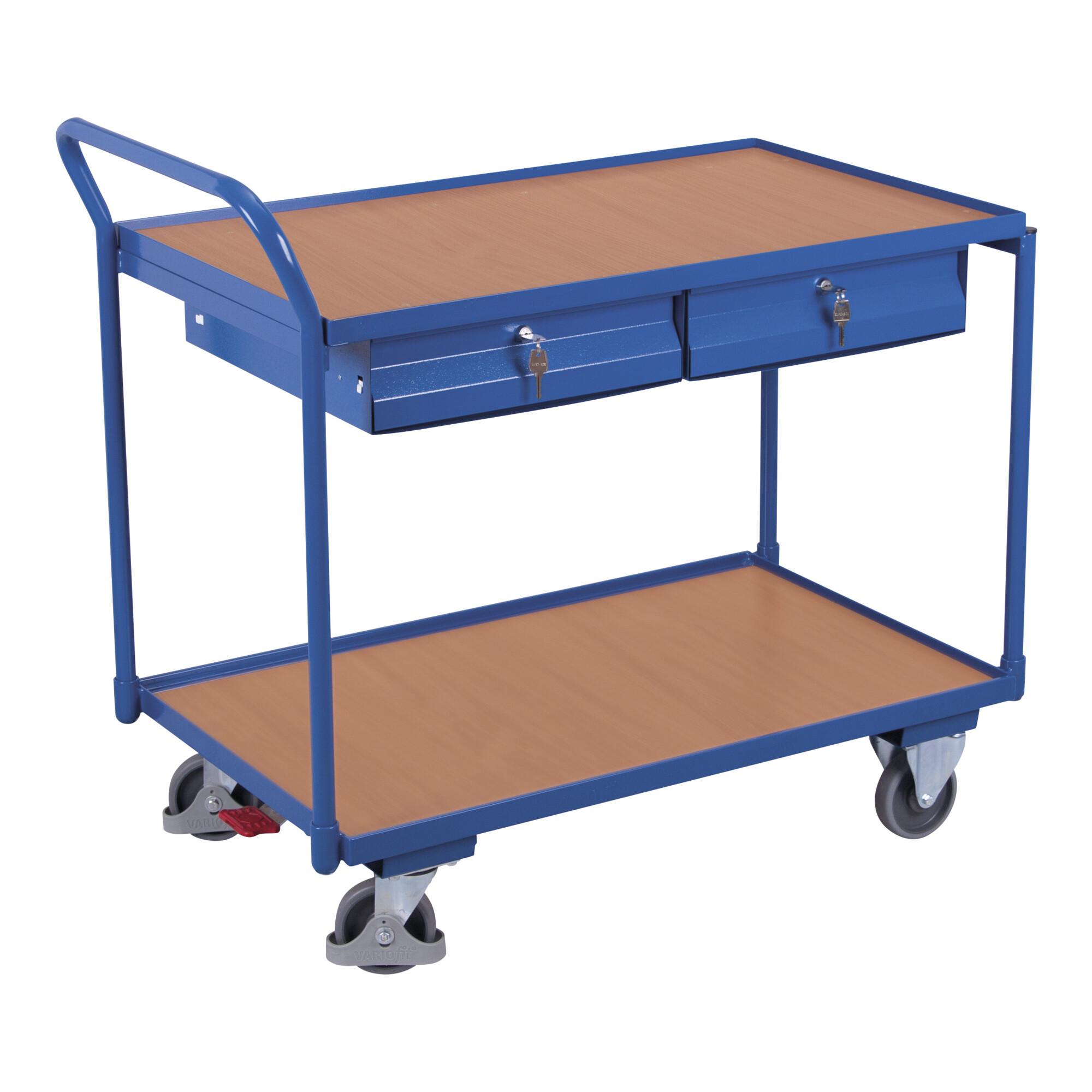 VARIOfit Tischwagen mit 2 Ladeflächen und 2 Schubladen Schiebegriff nach oben gerichtet (sw-600.503)