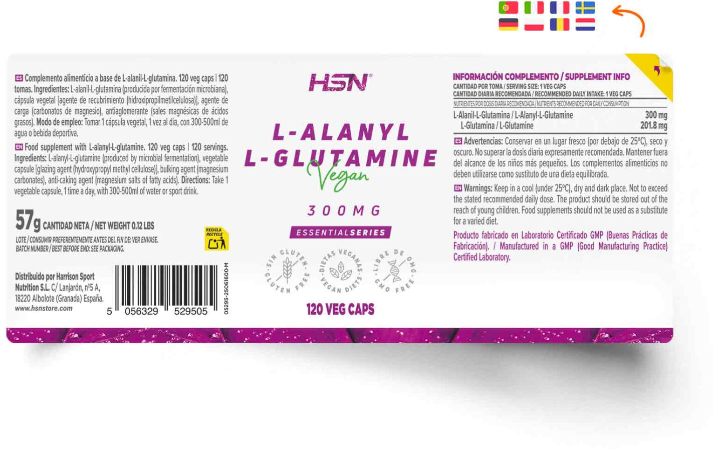 HSN L-ALANIL-L-glutamina 300mg - 120 veg caps - Glutamina - Cápsulas Vegetales - 120  Servicios