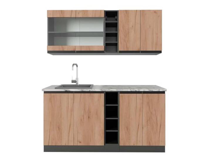 Vicco Singleküche R-Line, Goldkraft Eiche/Anthrazit, 160 cm J-Shape, AP Marmor, mit Arbeitsplatte und Spülbecken, anschlussfertig vormontiert