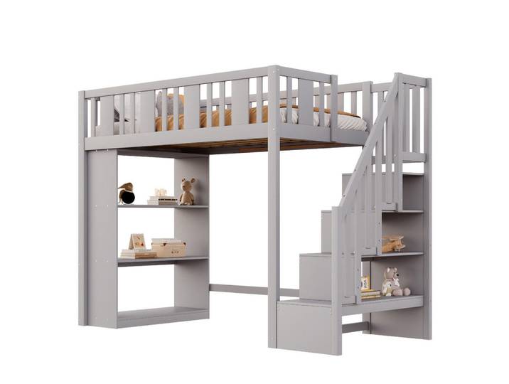 Okwish Hochbett 90/200 cm grey mit Stauraumtreppe, Grau, Holz, 90x200 cm, Babymöbel & Kindermöbel, Kinderzimmer & Jugendzimmer, Kinderbetten, Hochbetten