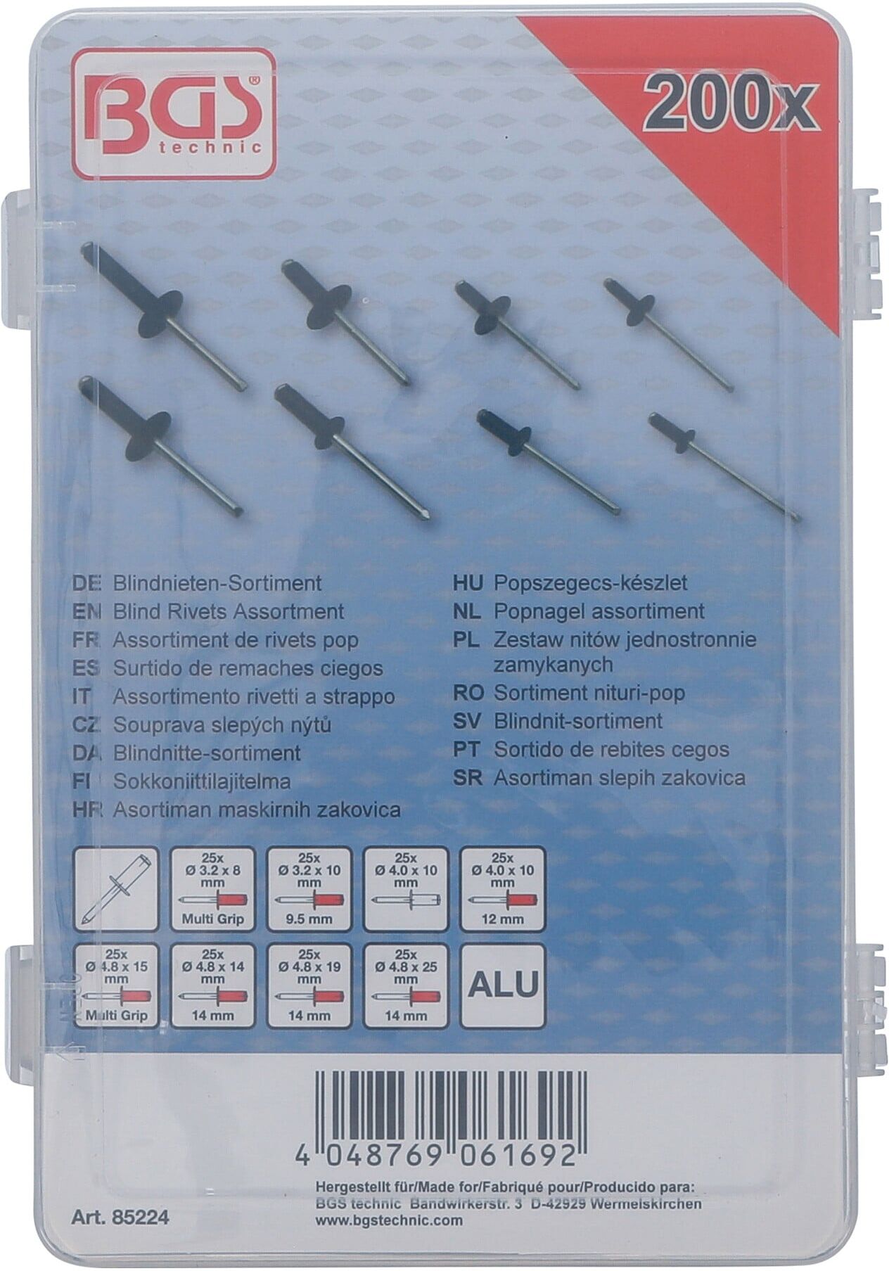 BGS Blindnieten-Sortiment 85224, Aluminium, Ø 3,2 - 4,8 mm, 200-tlg. ; BGS technic)
