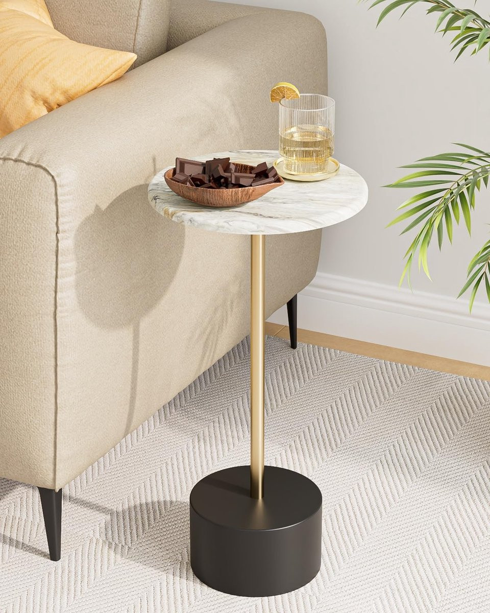Ibenzoa Stijlvolle ronde bijzettafel met marmerlook, wit en goud