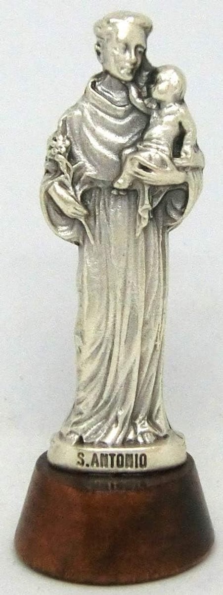 Religieus beeld Sint Antonius met houten basis, Bruin, 11.3 x 7.6 cm