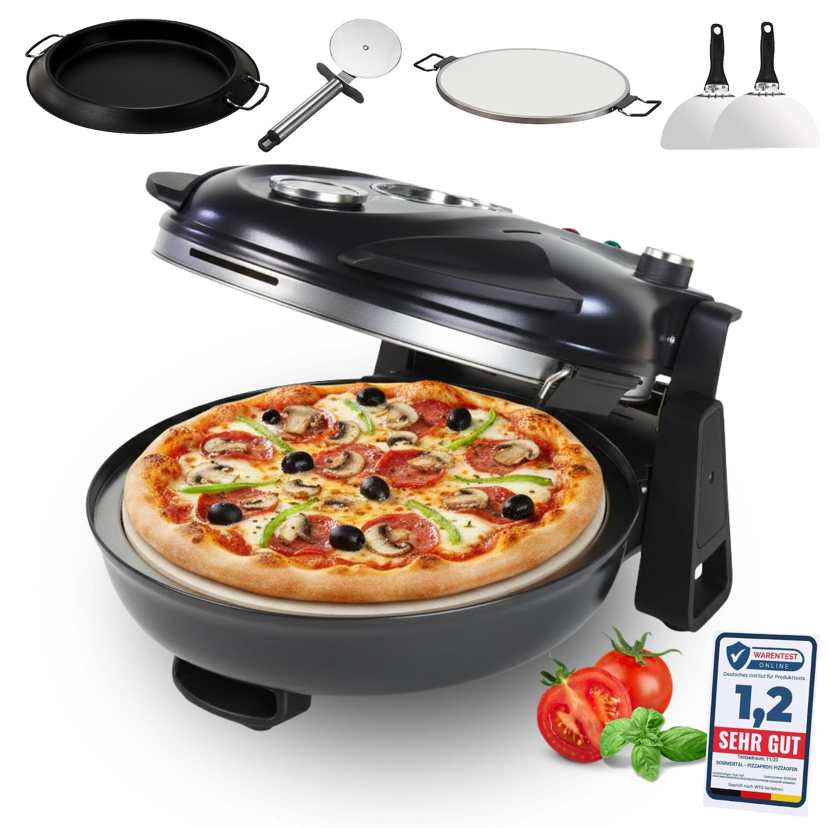 Sommertal PizzaProfi Pizzaofen, 32cm Pizzastein, schnelle 3-Minuten Pizza, 5-teiliges Set, 2x Pizzaschieber, Pizzaschneider, Steinplatte, Temperaturanzeige, max. 400°C