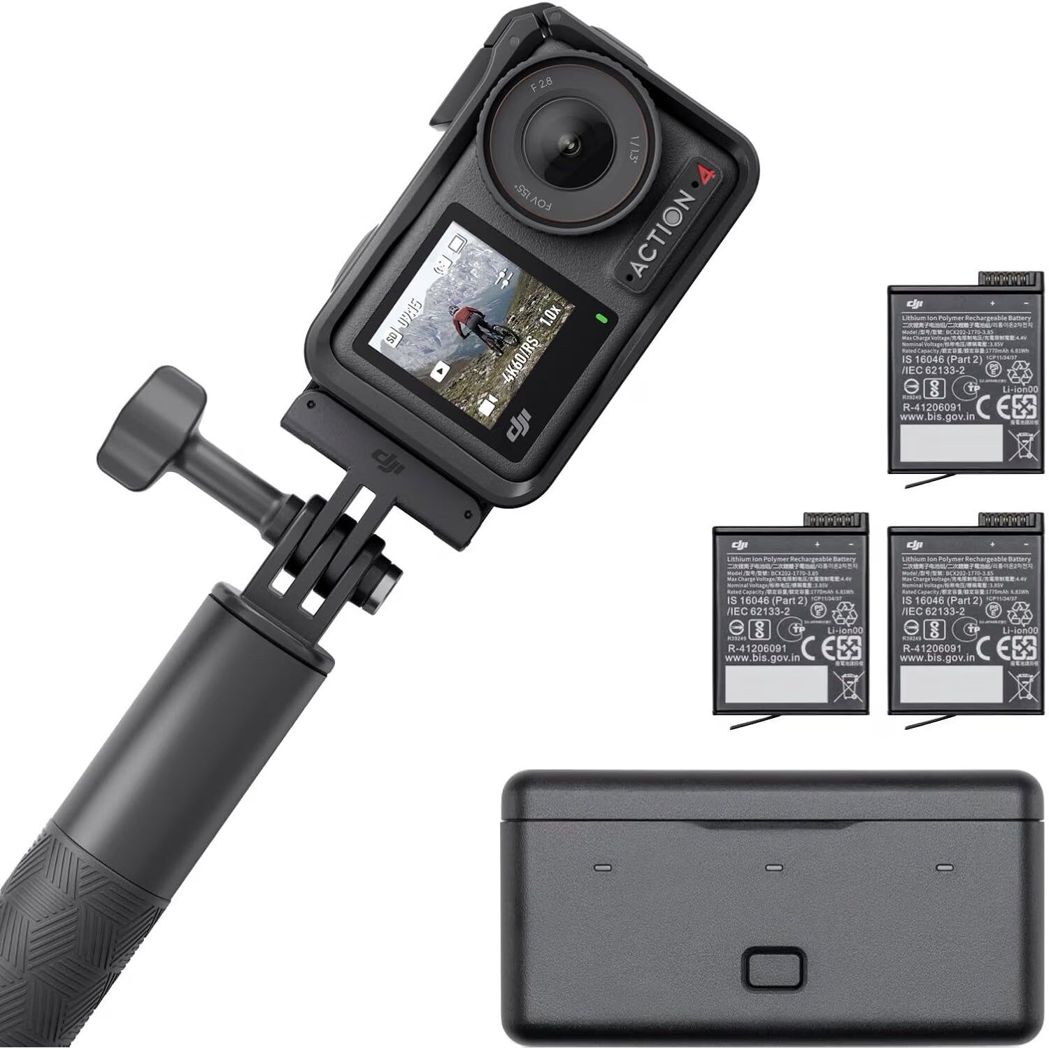 DJI Osmo Action 4 Adventure Combo – 4K/120fps Action Camera, 1/1.3" Sensor, 3 Batteries & 1.5m Extension Rod, New