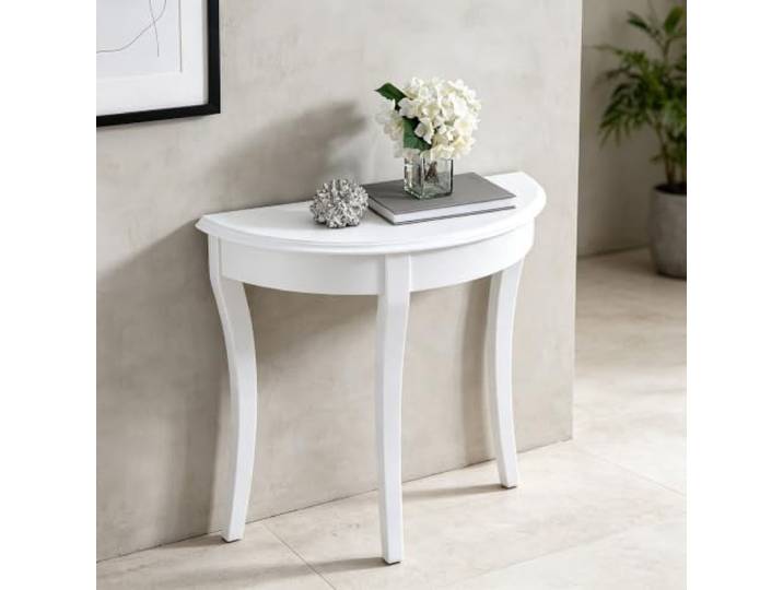 Massivholz Konsolentisch, Halbmond Flurtisch, Beistelltisch schmal Echtes Massivholz, platzsparendes Design, stabiler Stand, einfache Montage(White)