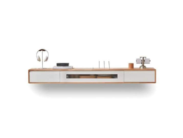 Moderner schwebender TV-Ständer mit Klapptüren aus Massivholz TV-Schrank Schwebendes TV-Ständerregal mit Schubladen zur Wandmontage(Natural-white)