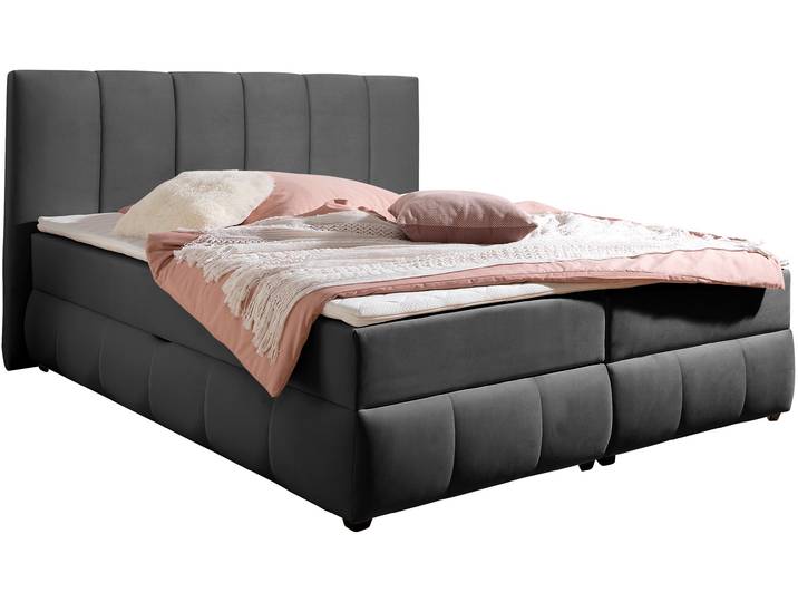 Boxbett, Samt-Velours, Anthrazit, 192×230 cm, Mit Bettkasten & Topper, Modern, Inosign