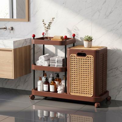 Rolling Laundry Hamper with 3-Tier Storage Shelf Wicker Style Plastic Basket Removable Lid Locking Wheels Space Saving