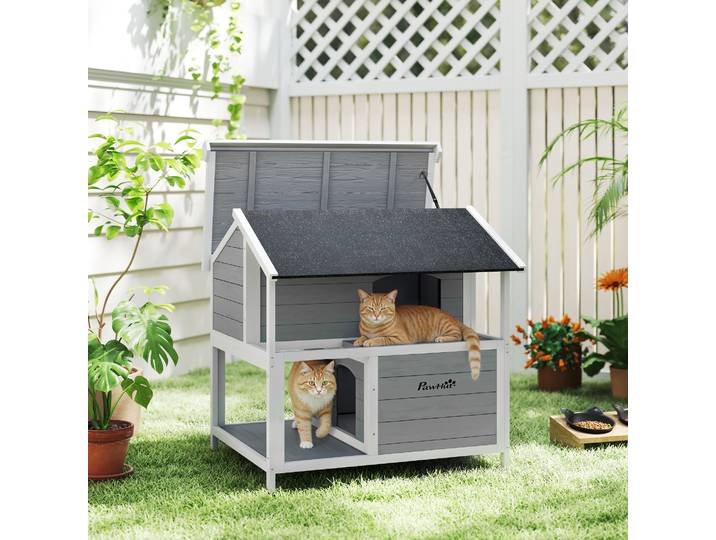 PawHut Maison Chat Extérieur Bois Étanche Toit Rabattable Gris