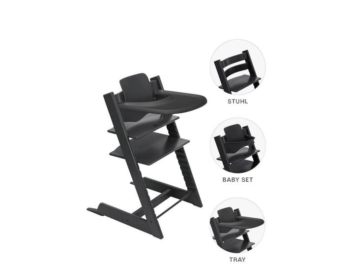 Stokke Hochstuhl-Set, Schwarz, Holz, Buche, 46x79x49 cm, Fussstütze verstellbar, Sitzfläche verstellbar, höhenverstellbar, Tablett, Snacktablett, Baby- und Kindermöbel, Babyzimmer, Hochstuhl