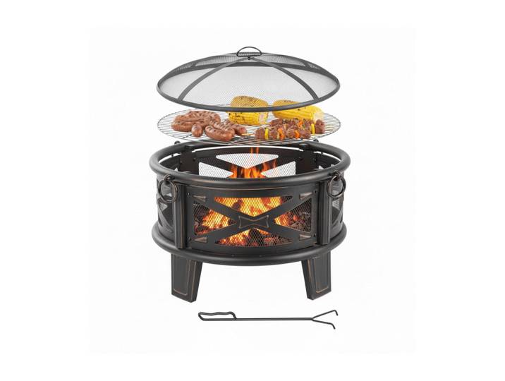 Relaxdays Feuerschale Schwarz Bronze mit Funkenschutz Grillrost 66 cm, Metall, 66x58x66 cm, Gartenmöbel, Balkonmöbel