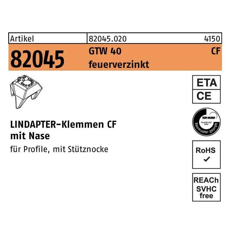 Lindapter Klemme R 82045 GTW 40 CF M 20 Sphäroguss feuerverzinkt für -Klemmen CF mit Nase (820450200200000)