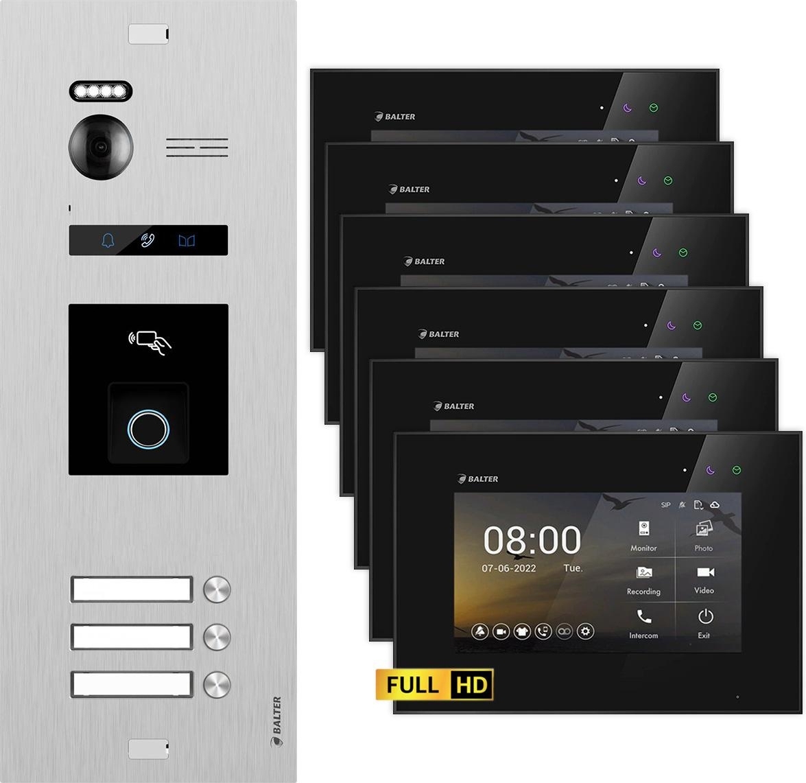 BALTER EVO HD Silber RFID/Fingerprint 6x7" Schwarz Video Türsprechanlage Set 3 Familienhaus