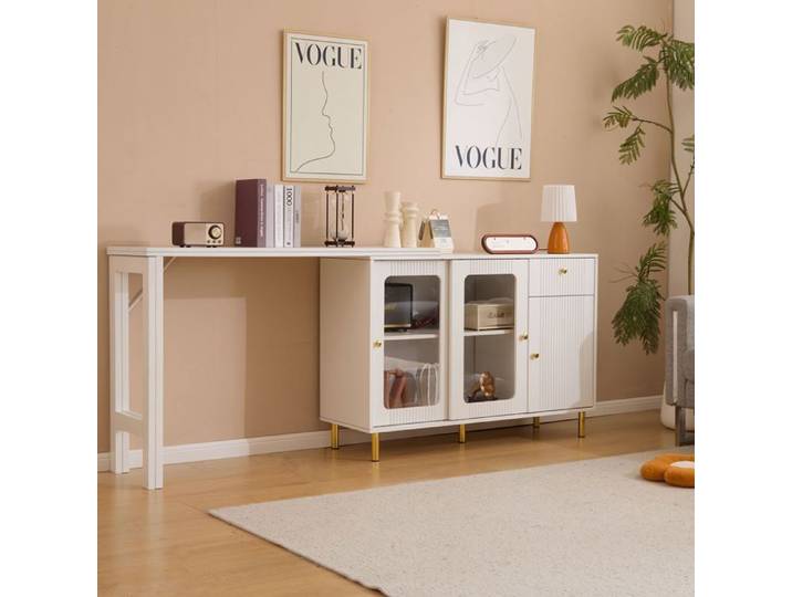 Buffet - Meuble de rangement - Blanc - Plateau rabattable - Extensible - Salle à manger