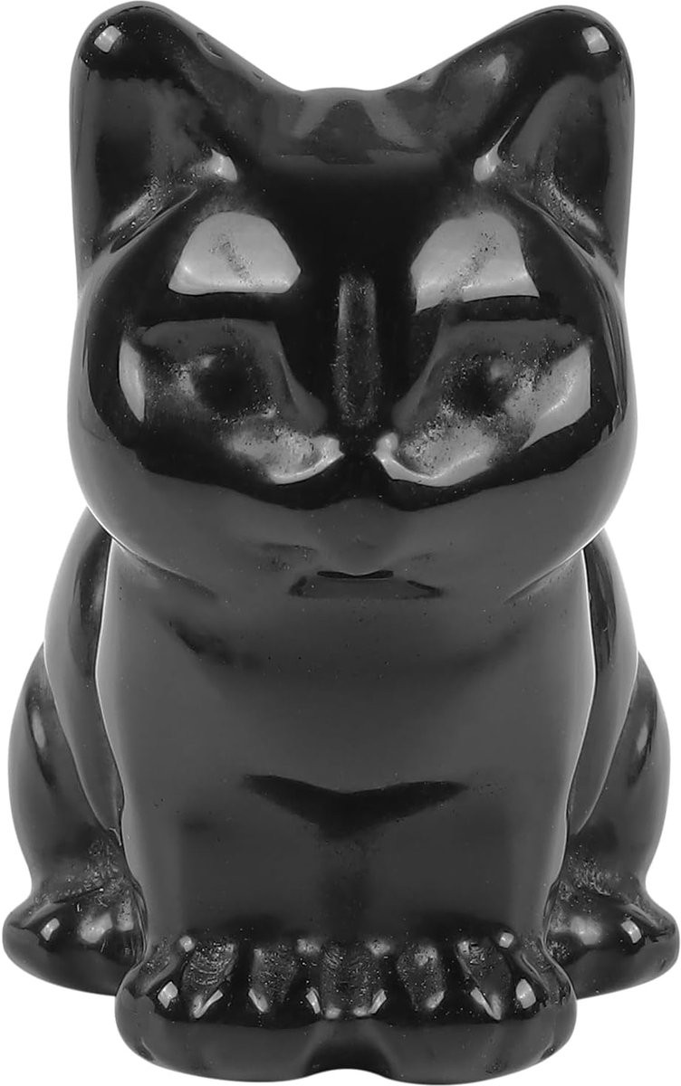 Handgesneden Zwarte Obsidiaan Kattenbeeldje als Decoratie en Geluksbrenger voor op Tafel