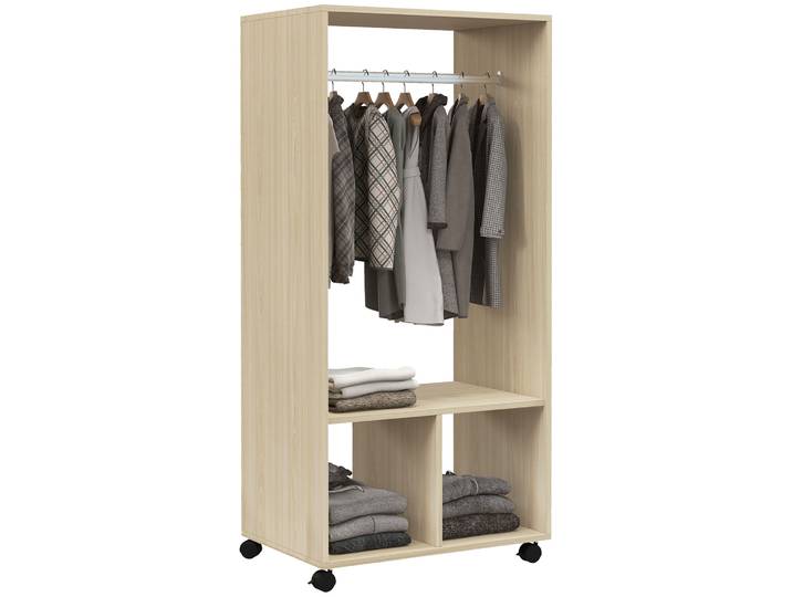 Armoire Penderie Étagère 2 Niches Penderie 4 Roulettes Pivotantes Dim. 60l X 40l X 128h Cm Bois Naturel-bois Naturel