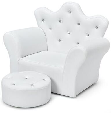 Costway Children Upholstered Princess Sofa with Ottoman and Diamond Decoration for Boys and Girls-White