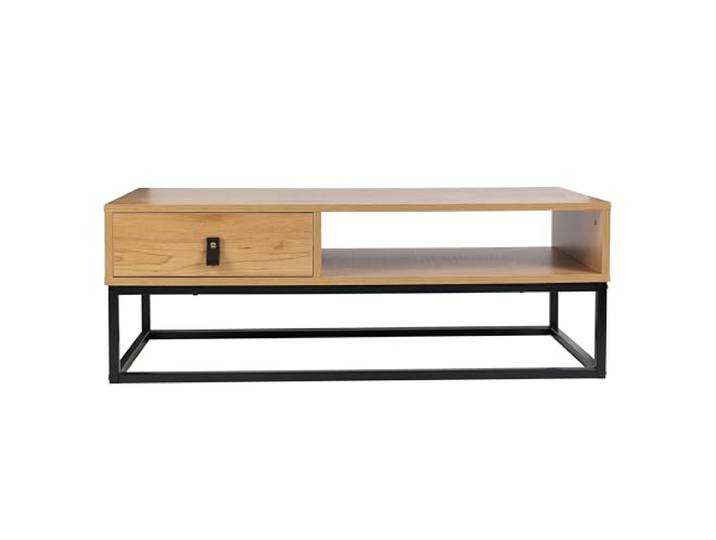 HOME DECO FACTORY Couchtisch Rohholz und Metall 1 Schublade Natur Rohholz und Metall, Beistell-Couchtisch, 1 Schublade, authentischer Stil, Wohnzimmer, 100x50x36 cm, Natur und Schwarz