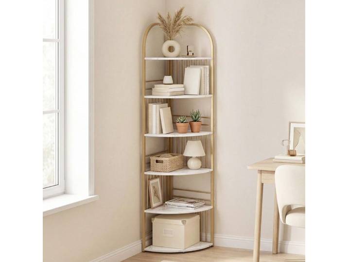 Étagère d angle blanche à 6 niveaux avec structure métal robuste pieds réglables et kits anti-basculement pour salon et bureau