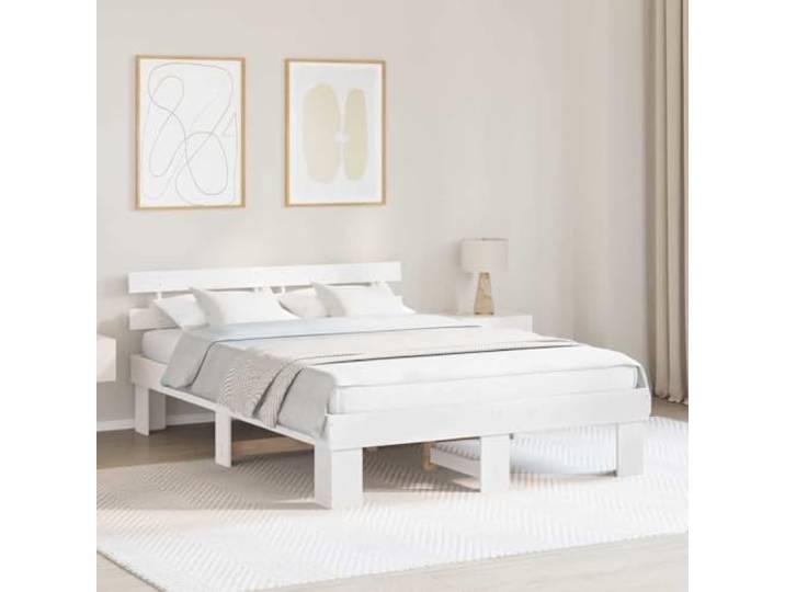Massives Kiefernholz Modernes Schlafzimmer Minimalistisch Weiß 140 x 200 cm Bettrahmen mit Kopfteil Weiß 140x200 cm Massives Kiefernholz Stabil Minimalistisch Schlafzimmer Lattenrost