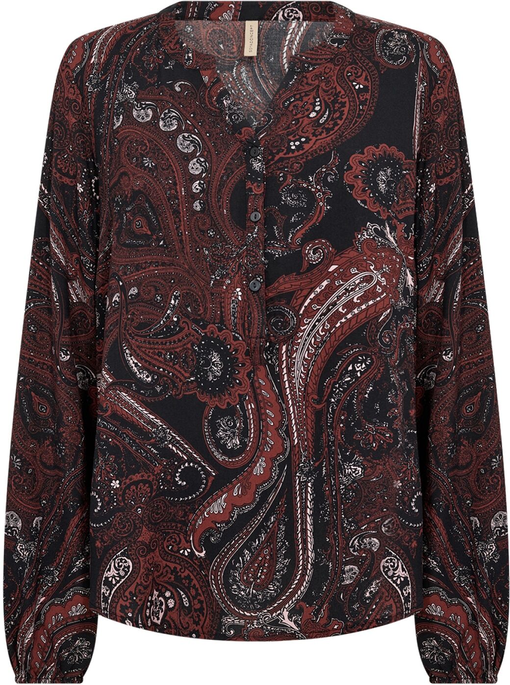 Druckbluse SOYACONCEPT "SC-HALNA 2 AOP", Damen, Gr. XXL, rot (madder braun combi), Web, Obermaterial: 100% Viskose, gemustert, normal, V-Ausschnitt, Blusen Druckbluse, Viskose madder braun combi XXL