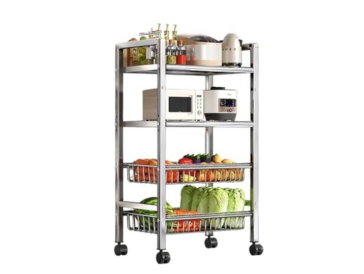 Kx9Lb8d Rollwagen Rollbarer Küchenwagen aus Edelstahl mit mehrstufigem Gemüsekorb und Lagerregal(Groß)